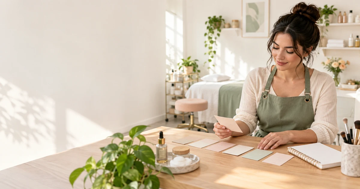 New beauty professional organizing her first client appointment cards in a calm studio