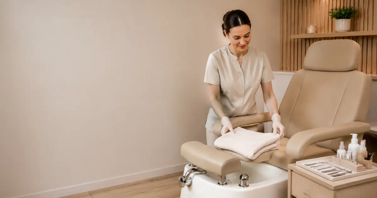 Pedicure specialist preparing a clean treatment chair, footrest and tools in a calm independent studio