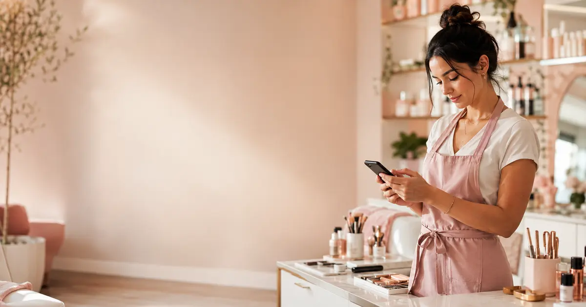 Beauty-Profi prüft Termine auf dem Smartphone in einem warmen hellen Studio