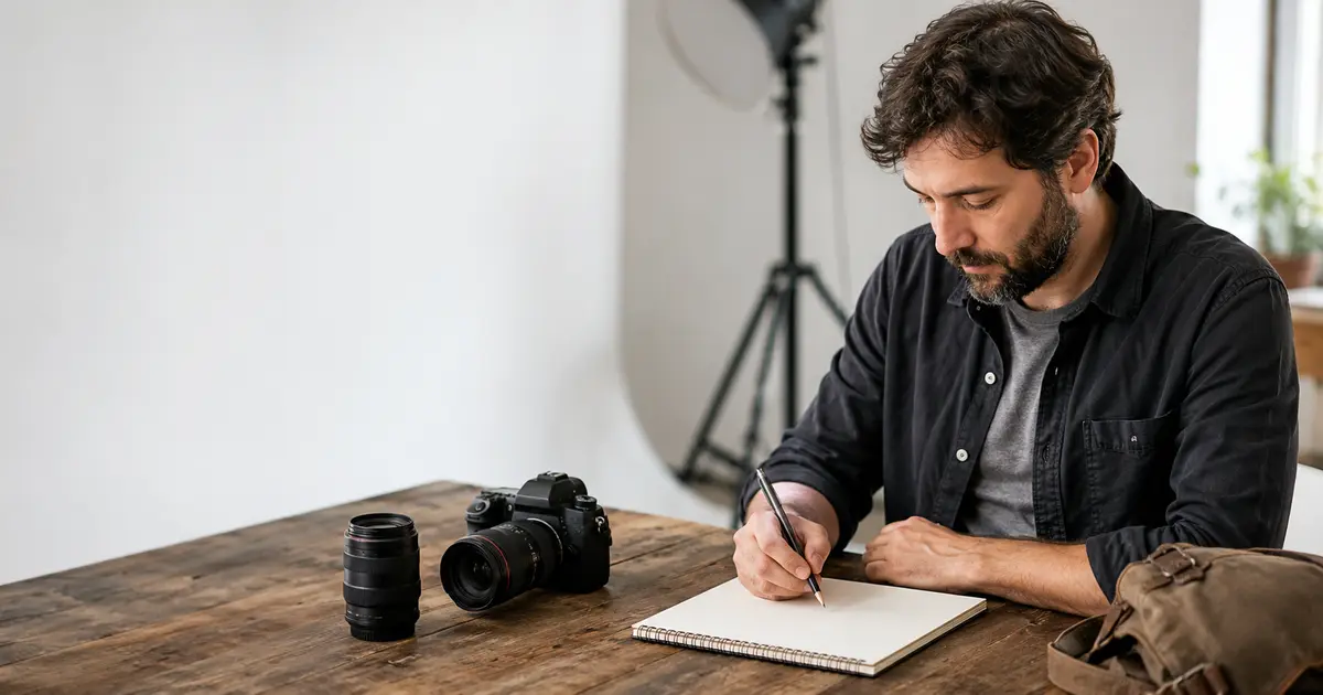 Fotógrafo a consultar uma agenda vazia junto à câmara num estúdio luminoso