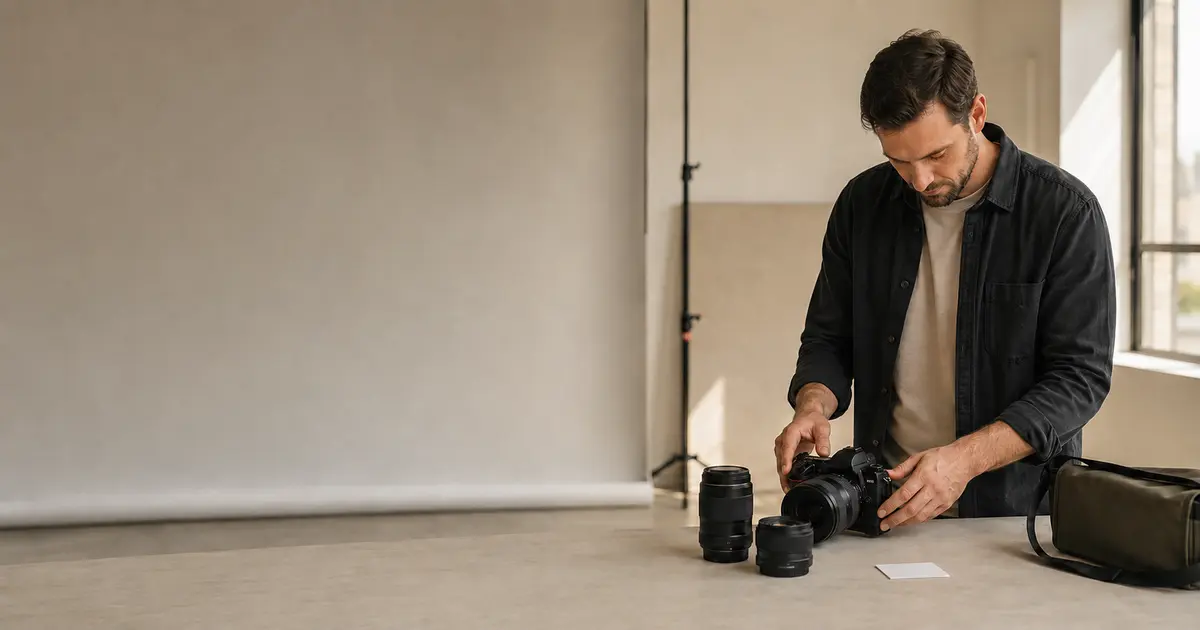 Photographer arranging a camera and lenses in a calm daylight studio with a blank appointment card