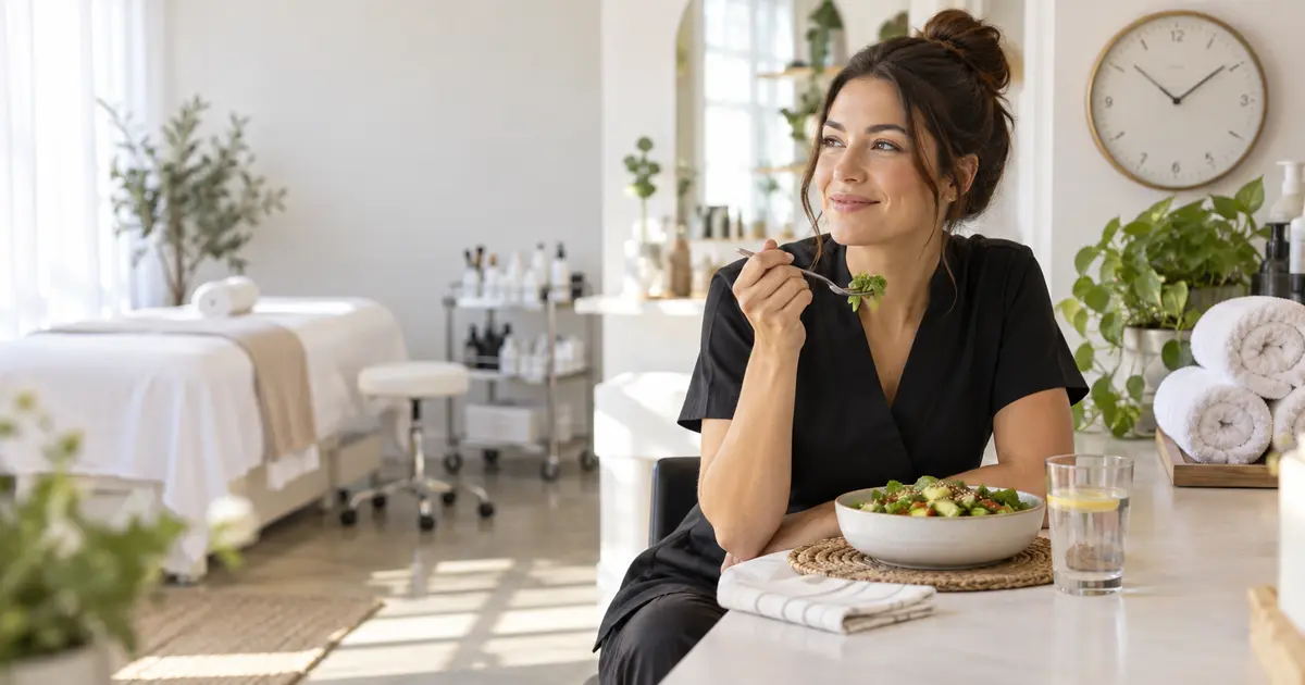Beauty professional taking a planned lunch break in a bright studio