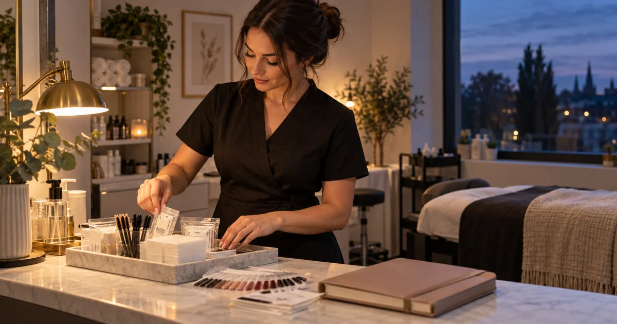 A beauty professional arranges supplies beside a planner in a quiet studio in the evening.