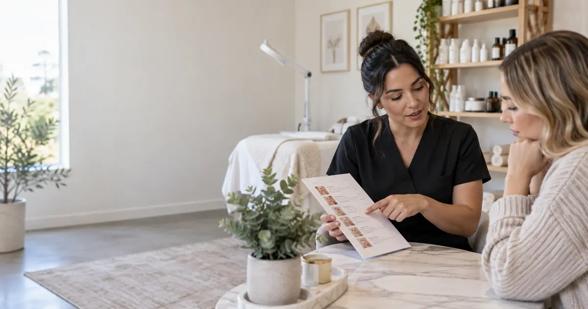 Beauty professional helping a client compare services before booking