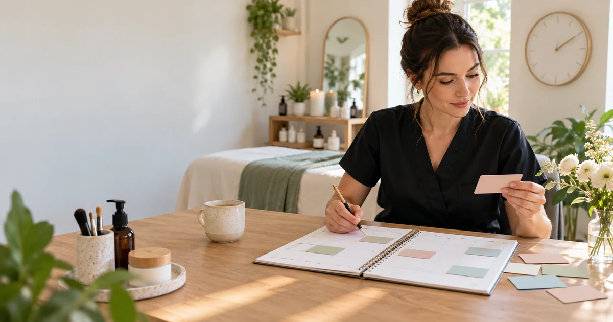 Beauty professional reviewing a revised work schedule beside confirmed appointment cards