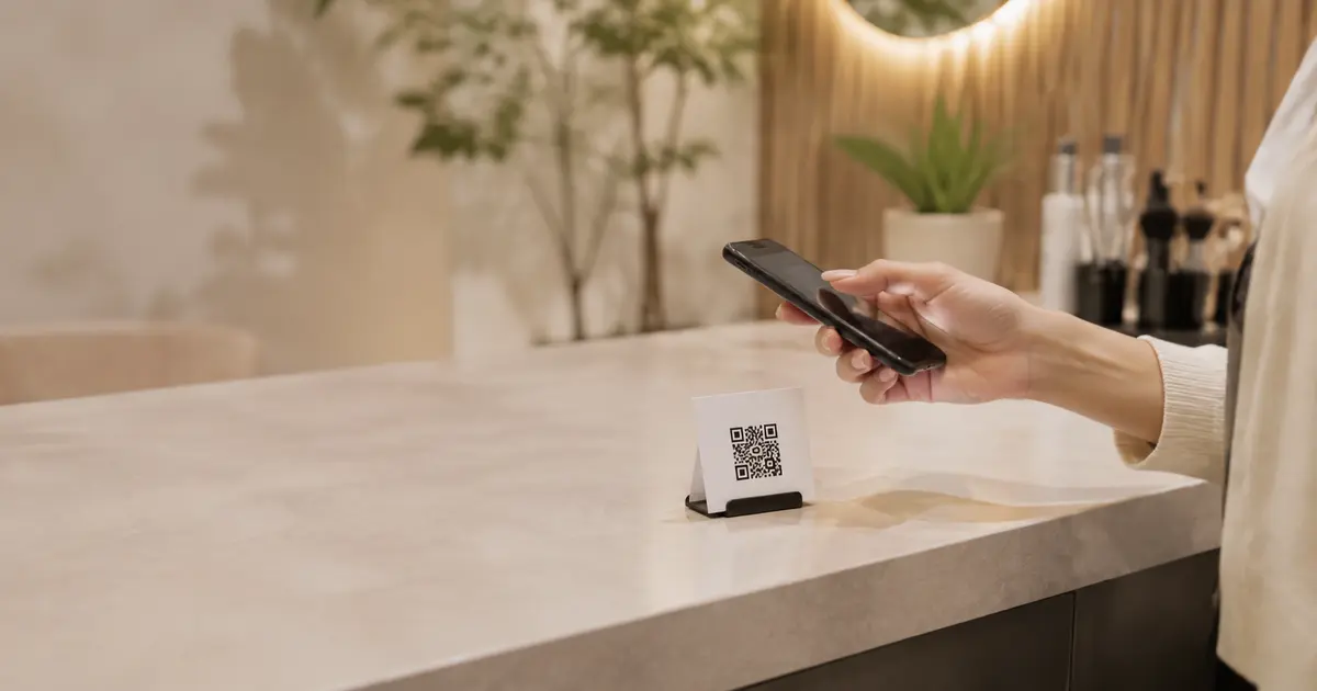Cliente escaneando con un móvil una tarjeta QR de citas en la recepción tranquila de un estudio