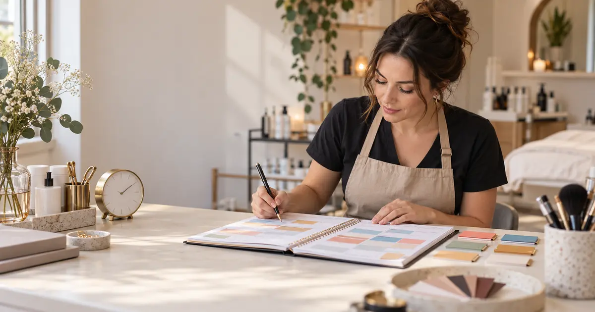 Beauty professional reviewing a color-organized paper appointment planner in a calm studio
