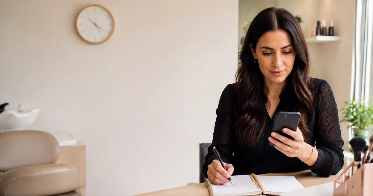 Solo beauty professional reviewing working hours beside a salon workstation