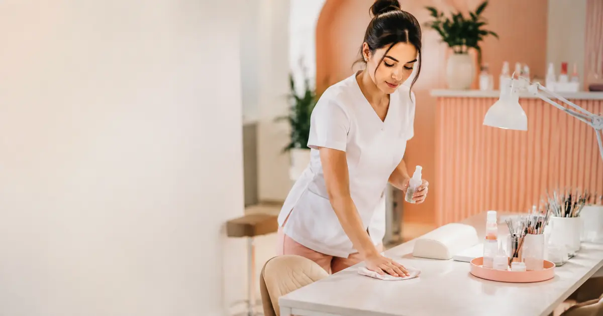 Professionista beauty che pulisce e prepara la postazione durante il margine tra due appuntamenti