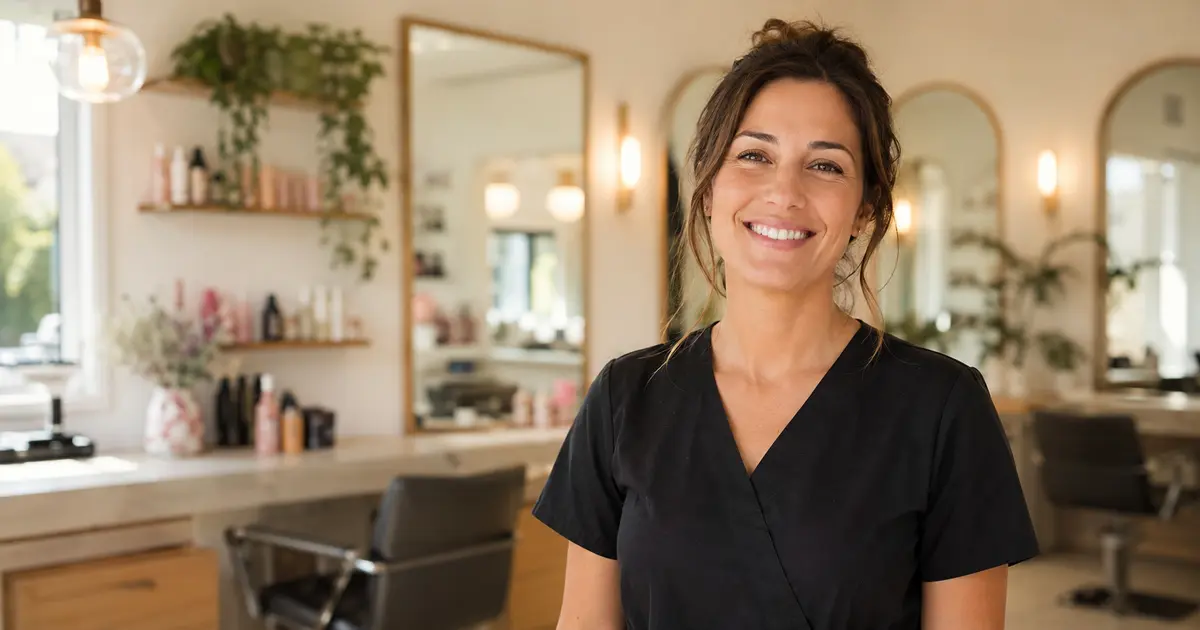 Happy beauty professional in her salon