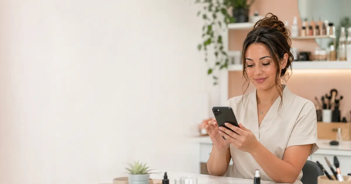 Beauty-Profi richtet in einem hellen modernen Salon eine Online-Buchungsseite auf dem Smartphone ein