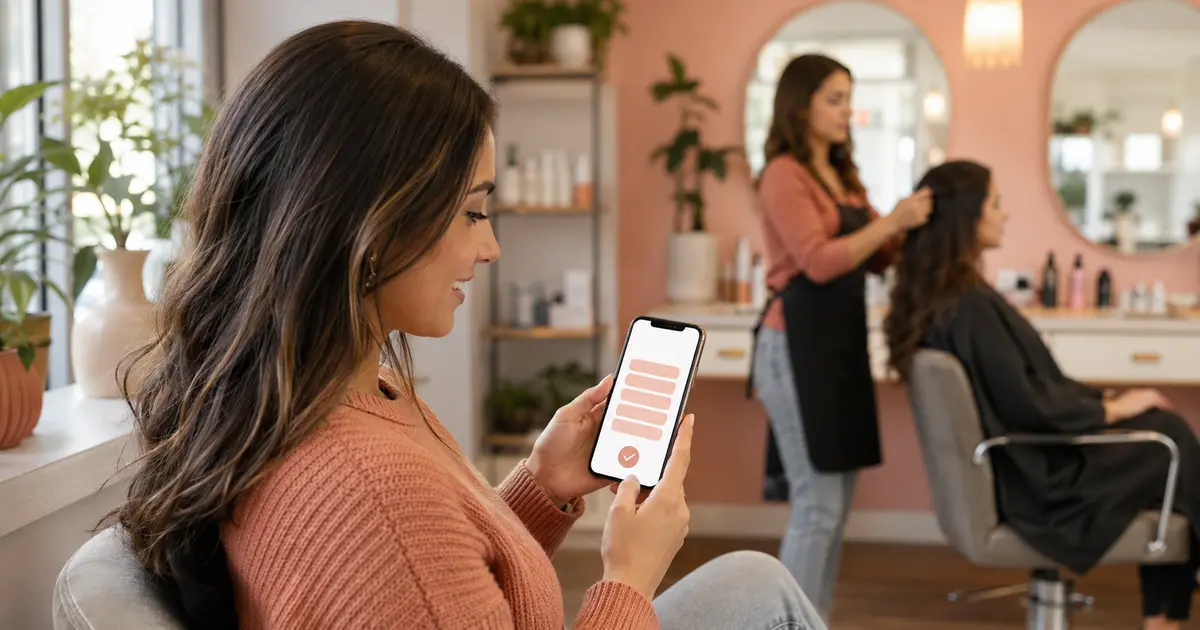 A client chooses an available appointment time while a beauty professional works