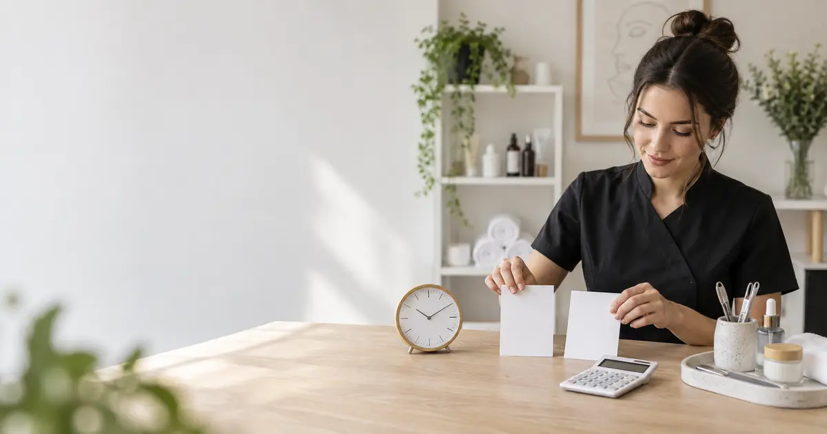 Beauty professional arranging blank service cards beside a clock