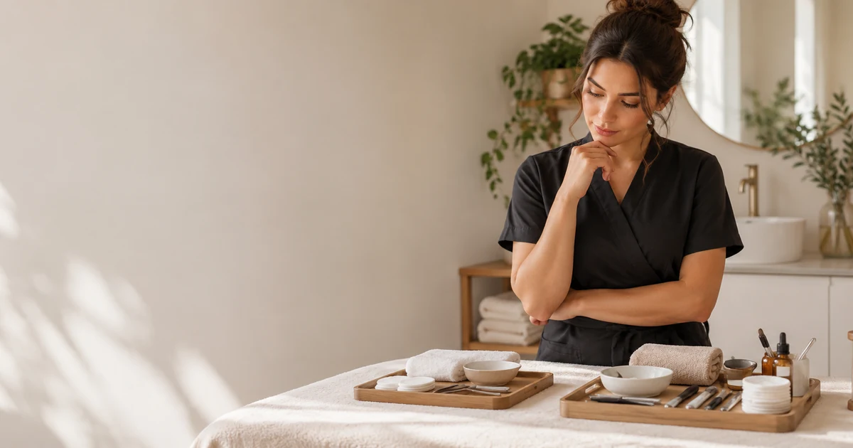 Beauty professional comparing two similar treatment setups that require different appointment times