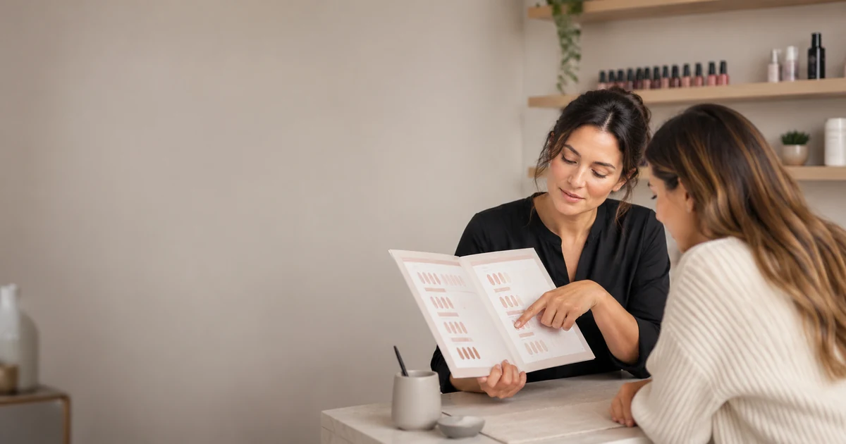 Beauty professional showing a clear service menu to a client in a calm studio