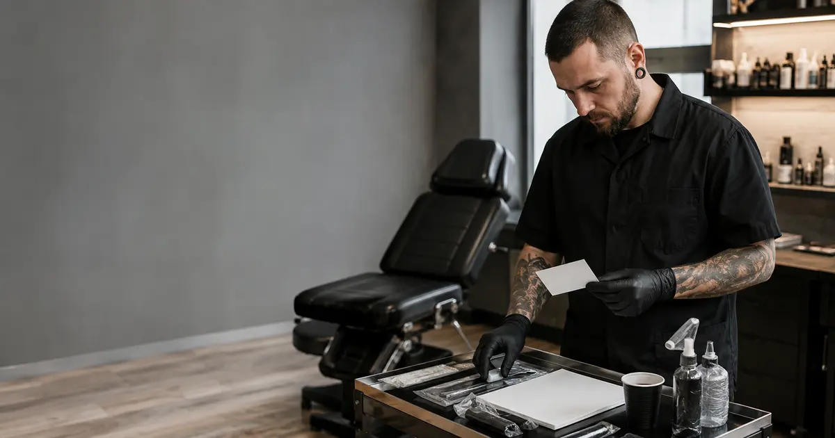 Tatoueur préparant un studio moderne propre avec du matériel scellé et une carte de rendez-vous vierge
