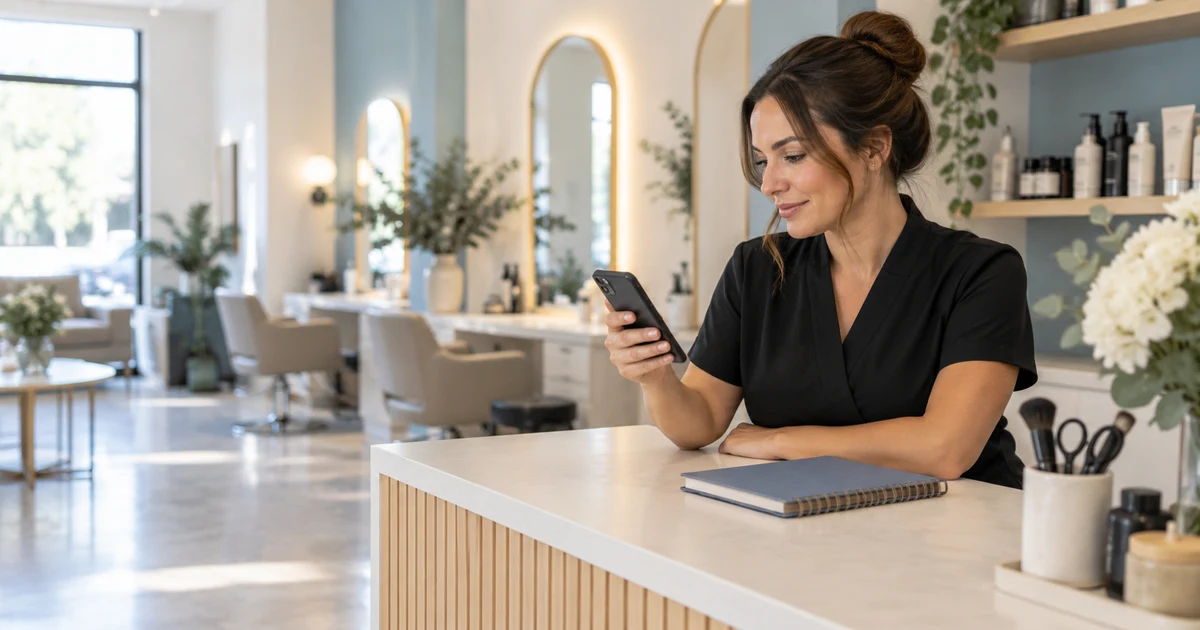 Beauty professional checking a smartphone at a quiet salon reception desk