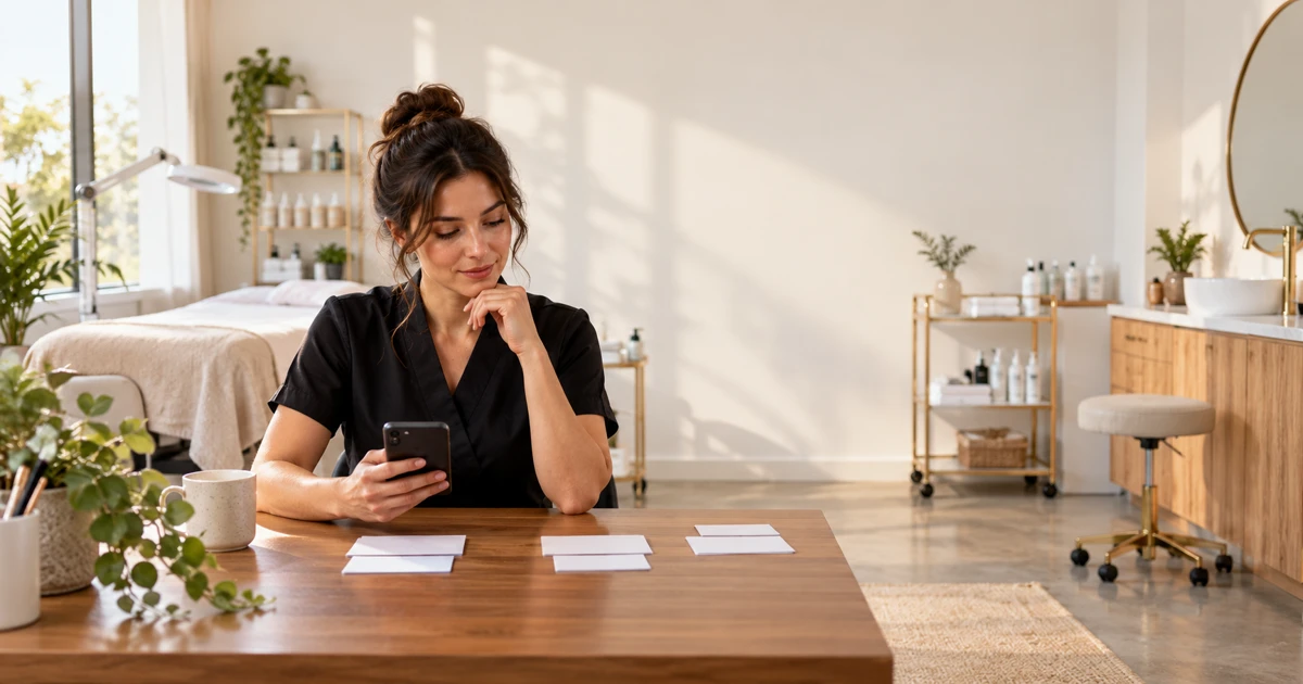A beauty professional rehearsing a workflow with a phone and blank cards in an empty studio