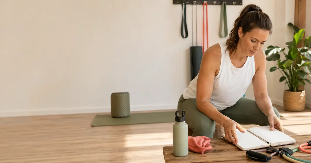 Personal trainer reviewing a blank session planner in a bright private fitness studio