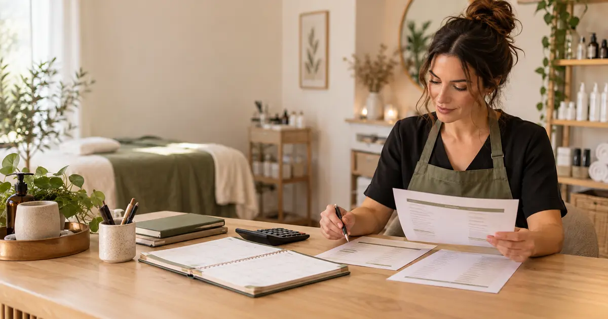 Beauty professional reviewing service prices beside an appointment calendar