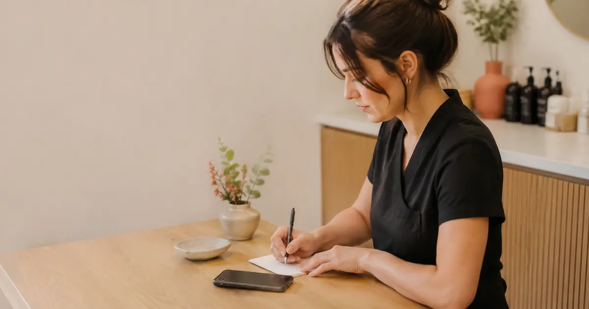 Professionista beauty scrive una breve nota pratica sul cliente dopo un servizio in uno studio tranquillo