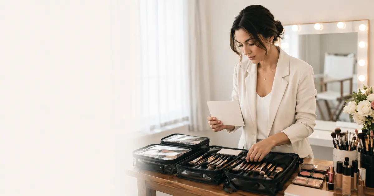 Maquilleuse rangeant ses produits professionnels et vérifiant une carte de planning vierge dans un studio lumineux et calme