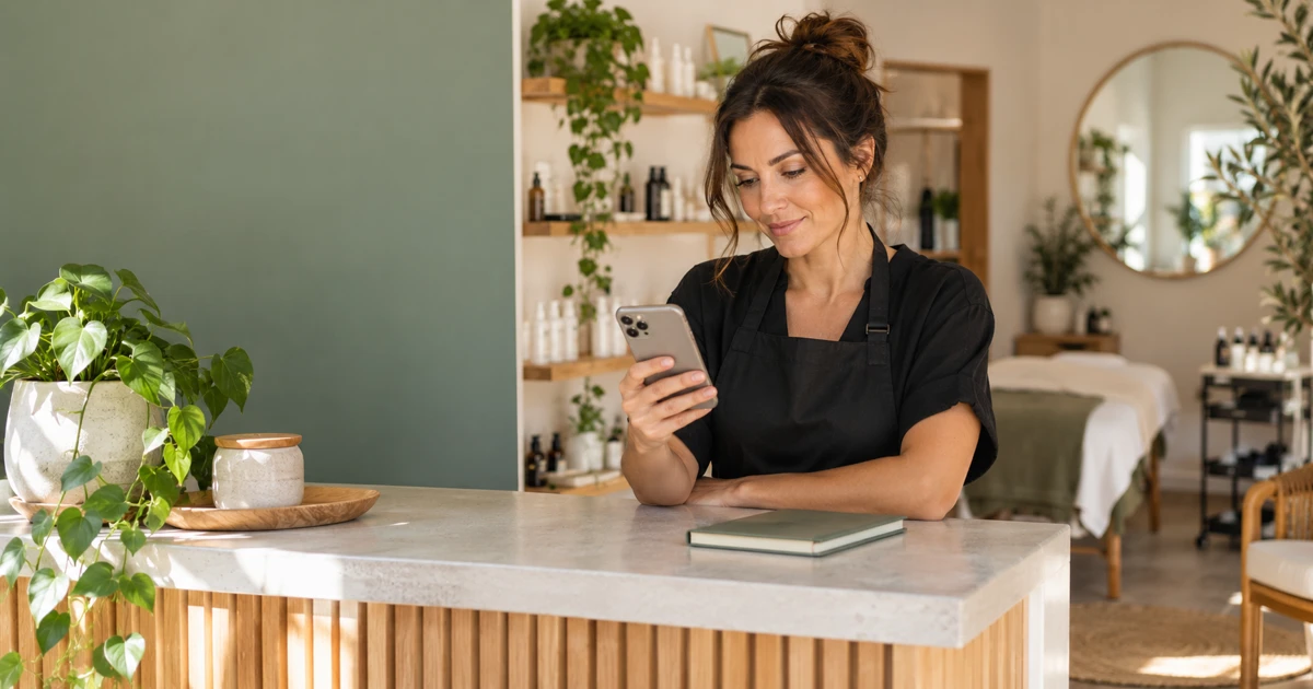 A beauty studio owner considering her smartphone at a quiet reception counter