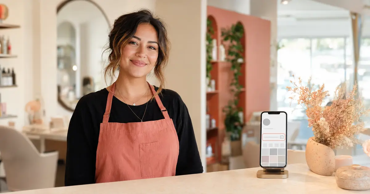 Profesional de belleza satisfecha junto a un móvil con el enlace de reserva online destacado