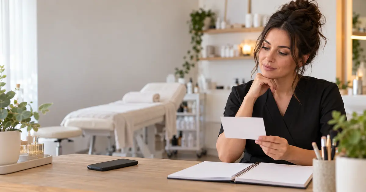 Beauty professional reviewing a cancellation policy card in a calm treatment studio