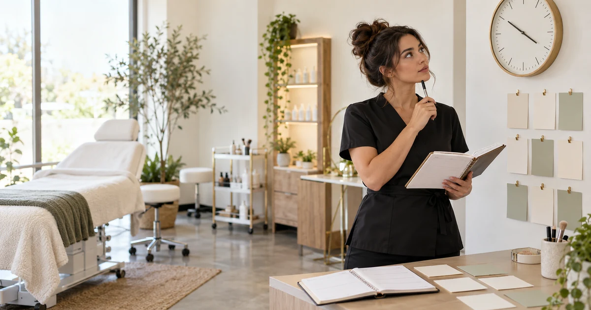 Beauty professional comparing appointment cards with a paper planner and studio clock